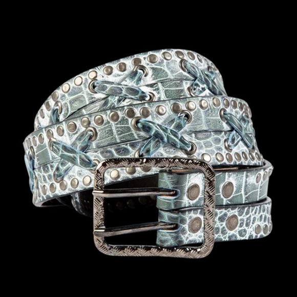 Freebird by Steven Teal Green Studded Leather Belt with Braided Details main image 9